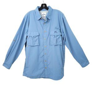 Guy Harvey Bluewater Back Vent Button Front Shirt Mens M Roll Tab Sleeve Marlin